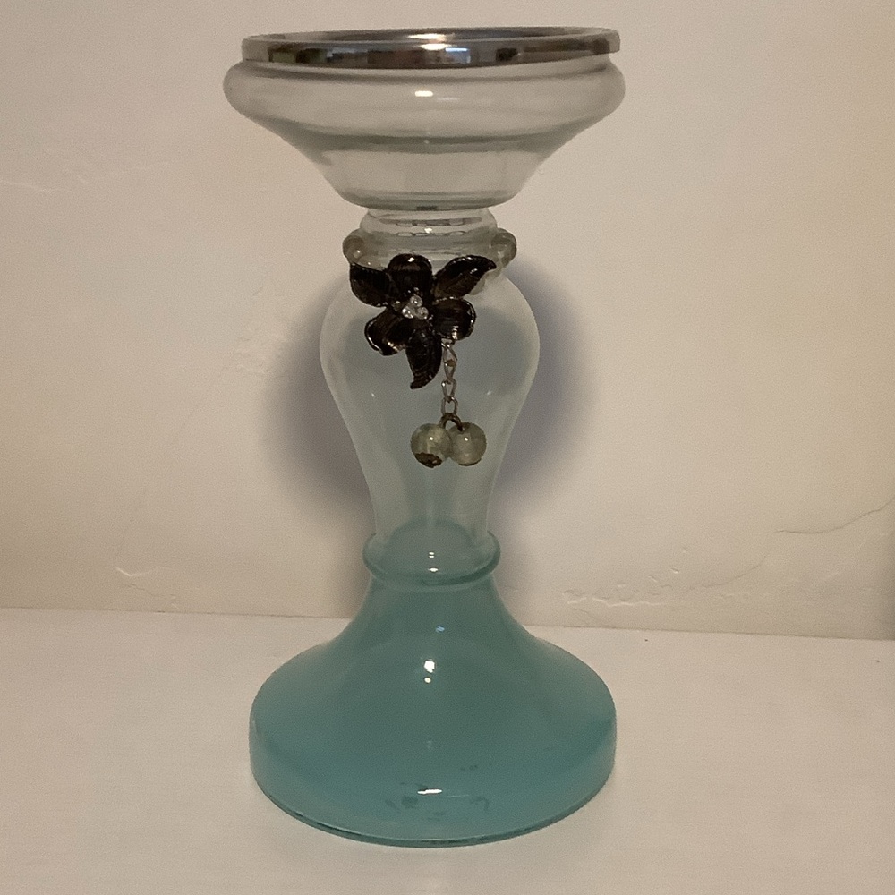 Elegant Distressed Glass Candle Holder with Floral Accent and Beads